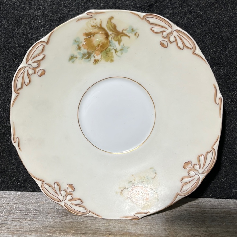 Antique Old Ivory XVI Ohme Porcelain Saucer Roses Cream Green Gold Silesia 5.5"